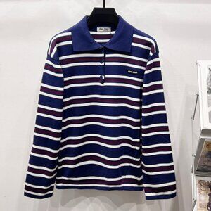 Miu Miu Blue and White Striped Long Sleeve Polo
